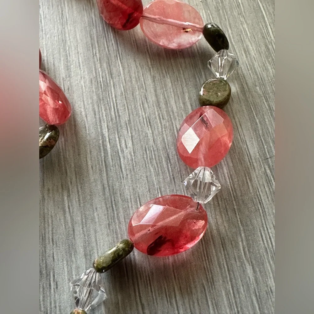 Unakite Pink Quartz & Crystal Beaded Necklace W/ 925 Sterling S-Clasp - Picture 8 of 8